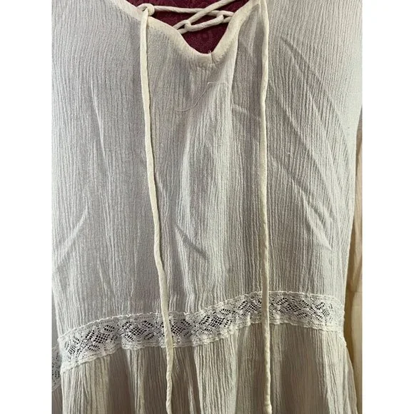 Boho Cream Mossimo Peasant Top With Lace Detail & Tie Neckline - XL - Picture 3 of 7